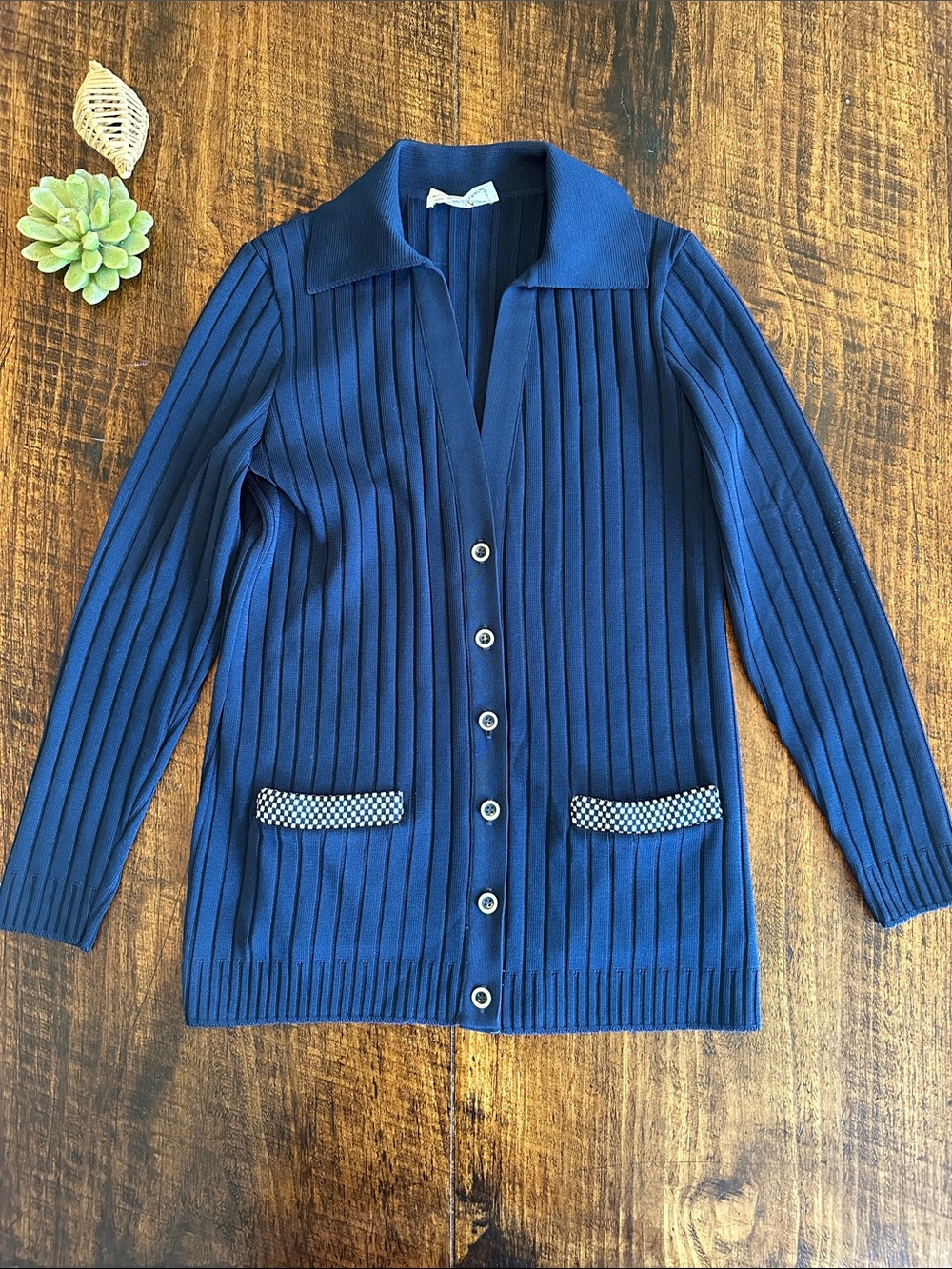 James Kenrob | 60s Ribbed Knit collared Cardigan Sweater Navy Blue Mod, Size S/M